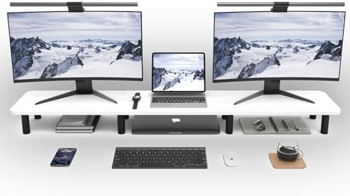 Dual Monitor Stand Riser 43.7 inch Large Extra Long Monitor Stand Riser Wide TV Stand Riser Monitor Stand for 2 Monitors Wood & Steel Leg Desktop Riser Desk Organization Home Office (White) by WEGASTU