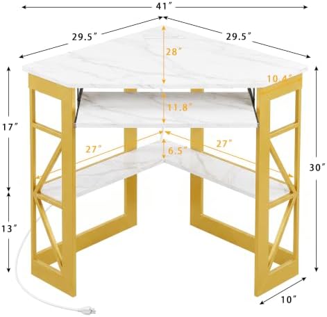 VECELO Corner Desk, Triangle Computer Desk for Small Space with Charging Station and Keyboard Tray, Corner Makeup Table with Storage Shelves for Home Office Bedroom, 41x30, Gold - Image 3