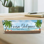 Artblox Personalized Office Desk Name Plate and Business Card Holder | Clear Acrylic Glass with Teak Wood Stand | Sand Beach Design Customized with Your Name and Credentials Office Desk Decor - Image 6