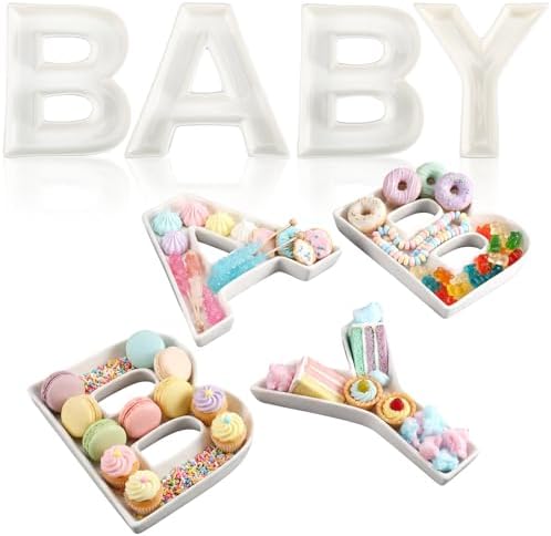 SiliFine 4 Pcs Baby Charcuterie Board Letters 5.7'' Ceramics Baby Shower Serving Food Candy Trays Small Fillable Charcuterie Box White Reusable Alphabet Platter for Gender Reveal Birthday Party Decor by SiliFine