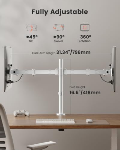 ErGear Fully Adjustable Dual Monitor Mount for 2 Screens up to 32 Inches, Holds up to 17.6 lbs Each Arm, Desk Stand, White - Image 3