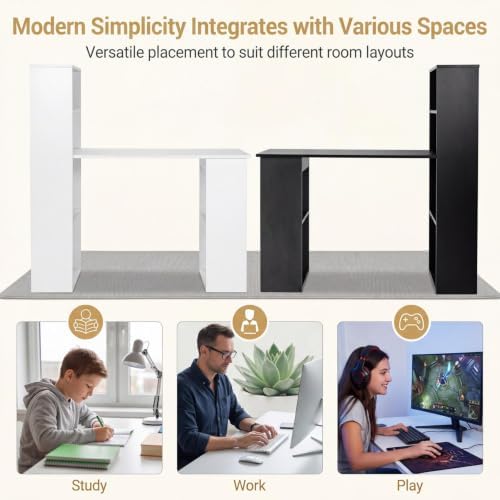 Tangkula White Computer Desk with Bookshelf, Writing Study Desk with Storage Shelves & CPU Stand, Modern Compact Computer Workstation for Home & Office, Space-Saving Design - Image 3