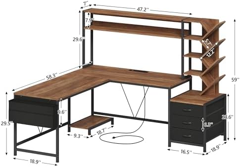63" L Shaped Desk with Bookshelf, Drawers and Hutch for Home Office - Image 2