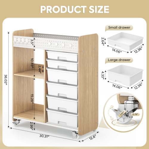 Rolling Craft Cart with 6 Drawers, Pegboard and Locking Wheels Natural - Image 3