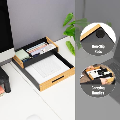 Mind Reader Metal and Wood Tiered Desktop Organizer Trays with Cutout Handles, Stackable Office Storage, Office, Entryway, Coffee Station and Home Organization, Metal and Wood, Set of 2, Black - Image 4
