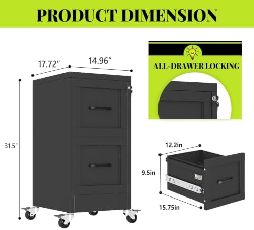 2-Drawer Rolling Metal File Cabinet with Lock, Narrow, Black - Image 2