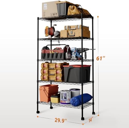 HealSmart Heavy Duty 5-Shelf Storage Shelving Unit, 1250lbs Loading Capacity, 29.92" D x 13.98" W x 62.99" H Adjustable Steel Organizer Wire Rack, Black - Image 3