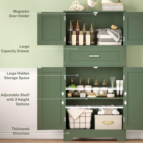 TEENFON Bathroom Floor Storage Cabinet with Adjustable Shelf, Freestanding Storage Cabinet with 4 Doors, Cupboard for Living Room, Home Office, Entryway, Forest Green - Image 5