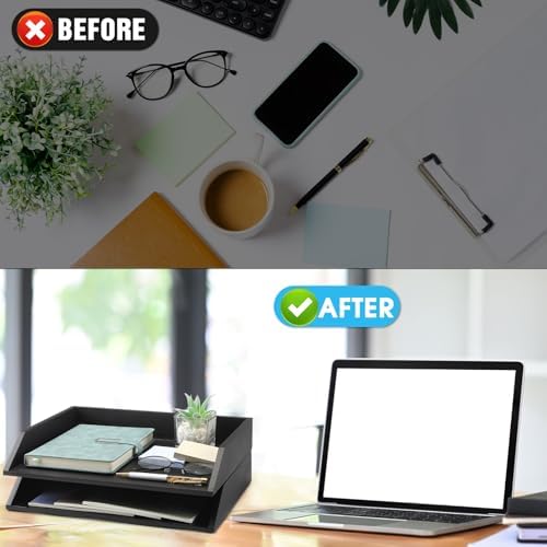 Beeveer 2 Pcs Black Wood Letter Tray Wooden Desk Paper Organizer 2 Tier Stackable Load Documents Desktop Tray Drawer File Folder Magazine Office Accessories for Home Office Back to School - Image 5