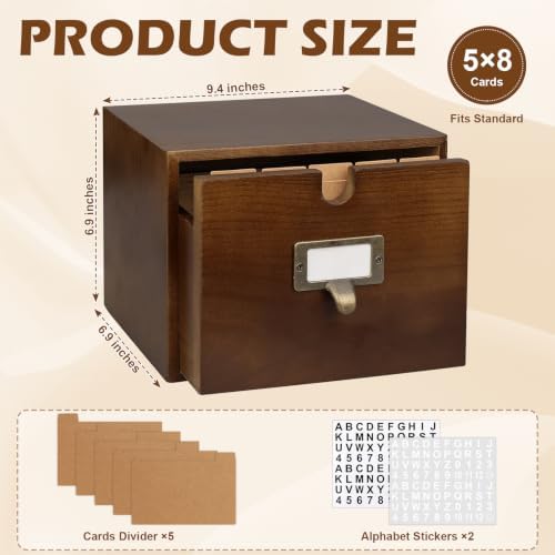 DLUGOPIS 5×8 Index Card Holder Pine Wood Index Card Organizer Box with Drawers Brown Vintage Card Catalog Box Recipe Notecard Box 5 Index Cards Dividers 2 Letter Smile Stickers for School Office - Image 2