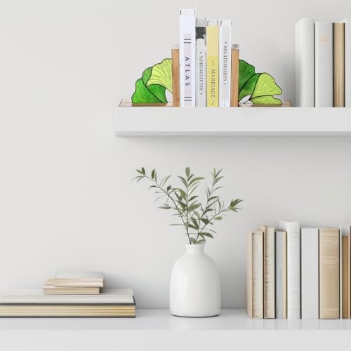 Maitys Ginkgo Leaves Bookends Oak Base, Green for Desk Shelves - Image 4