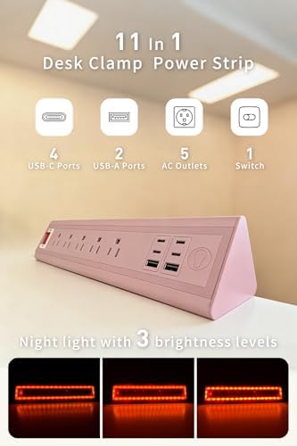 Desk Clamp Power Strip with Nightlight, 40W Fast Charging, 10FT Extension Cord, 4x20W USB-C & 2 USB Ports, 5 AC Outlets, Fits 1.69-Inch Table Edges - Image 2