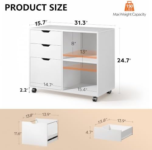 DEVAISE 3 Drawer Wood File Cabinet, Rolling Filing Cabinet with Open Storage Shelf, Printer Stand for Home Office Storage and Organization, Fits Letter/A4 Files (White, Recessed Pull) - Image 3