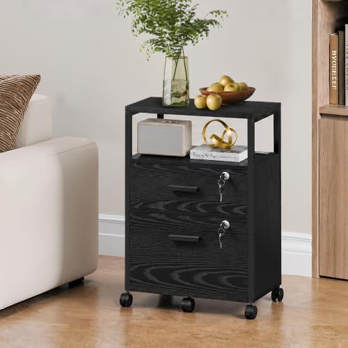 DEVAISE 2 Drawer File Cabinet with Lock, Wood Printer Stand, Black - Image 2