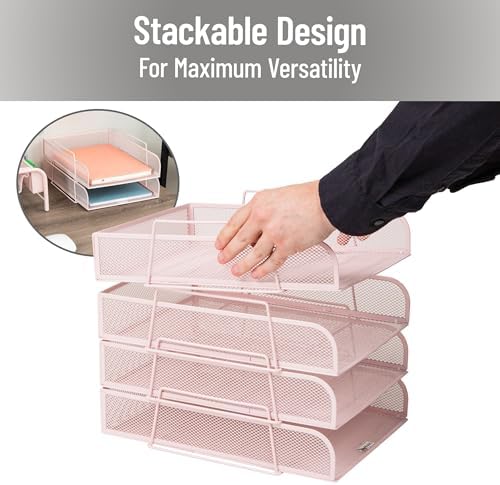 Mind Reader Stackable Paper Tray, Desktop Organizer, File Storage, Office, Metal Mesh, 10.5" L x 13.5" W x 11.25" H, 4 Pcs., Pink - Image 4