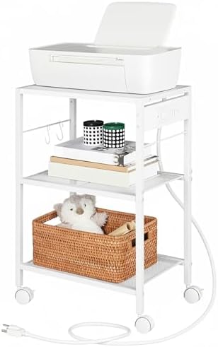 HOOBRO Industrial Printer Stand, 3-Tier Mobile Printer Table, Rolling Cart with Power Outlets and USB Ports, Home Printer Stand with 2 Hooks, for Office, Living Room, White WW22UPS01 - Image 2