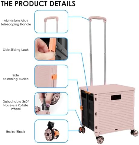Foldable Utility Cart Portable Collapsible Crate Rolling Carts with Wheels Rolling Tote Basket Teacher Cart with Lid Wear-Resistant 360°Rotate Wheel Noiseless for Shopping Storage Office Use - Image 2