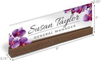 Artblox Personalized Office Desk Name Plate and Business Card Holder | Clear Acrylic Glass with Teak Wood Stand | Purple Orchids Design Customized with Your Name and Credentials Office Desk Decor - Image 3