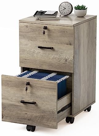 VINGLI 2 Drawer File Cabinet with Lock, Wood Rustic Gray Filing Cabinet for Letter Size File Folders with Tabs, Under Desk Rolling File Cabinets for Home Office, Mobile File Organization Printer Stand by VINGLI