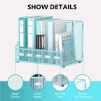 5 Vertical Compartments Magazine File Holder, Metal Binder Organizer, Blue - Image 3