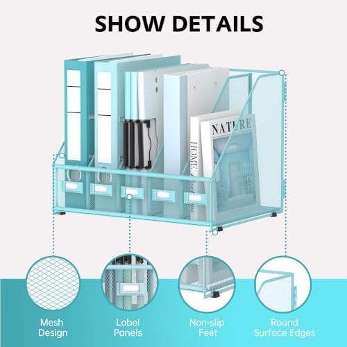 5 Vertical Compartments Magazine File Holder, Metal Binder Organizer, Blue - Image 3