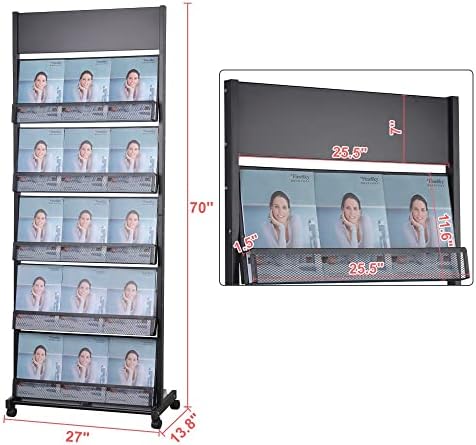 floor magazine rack brochure display stand for offices and public reception area，literature rack with 4 Universal wheels (70"×27×13.8") - Image 2