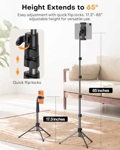 OMOTON 65" Tablet Floor Stand Tripod for iPad with Remote, 360°Phone Holder - Image 2
