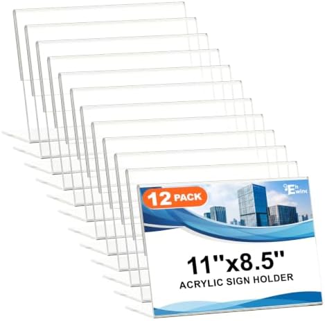 EHWINE Acrylic Sign Holder 8.5 x 11 Horizontal, 12 Pack Clear Plastic Tabletop Display Stands, Slanted Back Paper Flyer Holders for Office, Restaurant, Store and Business by EHWINE