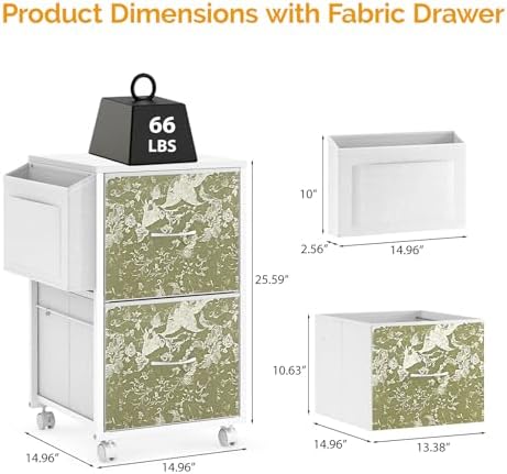 VINGLI 2 Drawer File Cabinet with Side Bag, Rolling File Cabinet Mobile Under Desk File Cabinet with Wheels, Fabric Drawers Printer Stand for Home Office, Fits Letter Size, White Green - Image 3