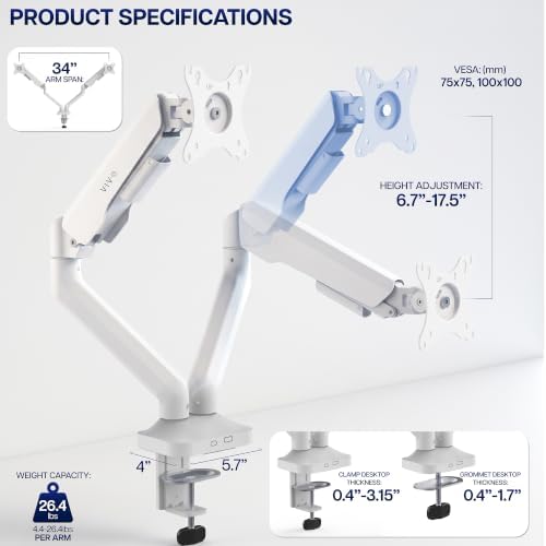 VIVO Dual Pneumatic Arm Ultra-Wide Monitor Mount for up to 35 inch Screens, Holds 26.4 lbs per Arm, Desk Mount Monitor Stand for 2 Ultrawides, White, STAND-V200OW - Image 5