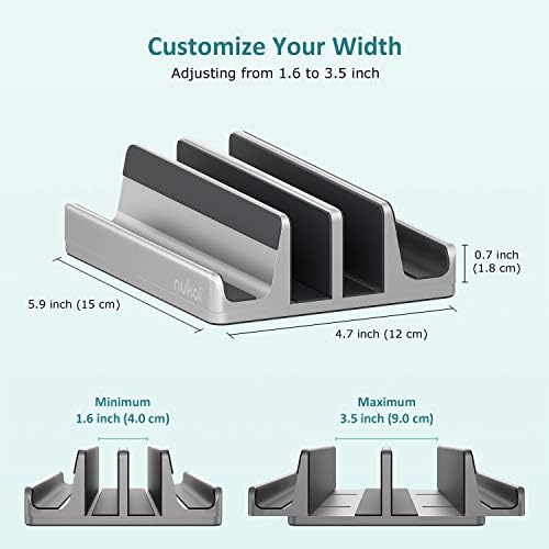 Vertical Laptop Stand - SPACEMax Adjustable GRIPLock Anti-Tip Silicone 4 Slots Aluminum Desktop Holder - Double Dock Stand - 2 Phone Slots Fits Up to 17.3” Laptops, Tablets, Phones - Silver - Image 3