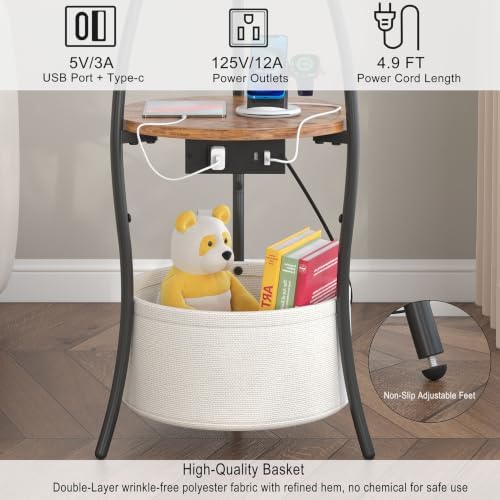 sthemc 3-Tier Small Round End Table Livingroom with Charging Station,Basket - Image 4