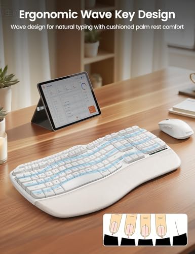 White Ergonomic Wireless Keyboard and Mouse Combo, 2.4G Full Size Ergo Wave Key Board with Cushioned Plam Rest, Natural Typing, 3 DPI Adjustable Silent Mouse for Computer/Laptop/Windows/Mac - Sablute - Image 2