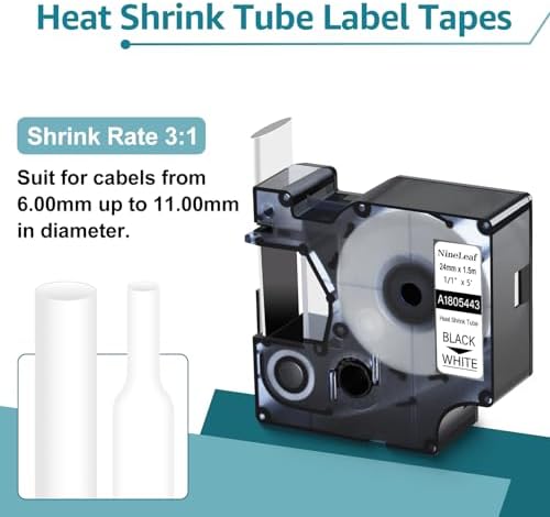 NineLeaf 10 Pack Compatible Labels Tape Replacement for Dymo 1805443 1 inch Black on White Heat Shrink Tube Labels 24mm x 1.5m for Wires and Cables Use in Rhino 6000 6500 Label Maker - Image 3