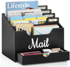 Rustic Wood Mail Organizer Countertop with Drawer, 4-Slot Removable Divider Mail Sorter, Black Desktop Mail Holder, Multi-Functional Bill File Stationary Organizer for Home Office Classroom by Susoct