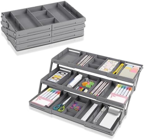 3-Tier Expandable Drawer Organizer, Multi-Level Collapsible Desk & Kitchen Gadget Organizer, Grey by BlyeMichdi