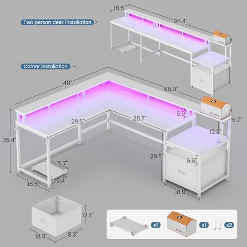 SEDETA 66" Reversible L Shaped Computer Desk with Power Outlet, File Drawer - Image 2