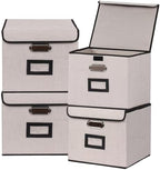 Large Square Storage Bin with Lid, Foldable Organizer Box with Handles & Label Design, for Office, Closet, Home, Documents, Grey, 12.20 x 10.63 x 10.63 Inches, 4 Pack by TCbelosion