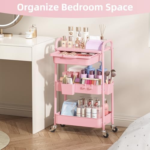 KINGRACK 3 Tier Metal Rolling Cart with Drawer, Pink Utility Storage Cart - Image 6