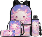 Teen's Backpack 4Pcs, Teen's Aesthetic Travel Daypack Set of 4 Include Lunch Box Pencil Case Cup Sleeve Large Capacity & Portable Daypack 4Pcs Pink Axolotl Print by Oamsistay