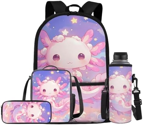 Teen's Backpack 4Pcs, Teen's Aesthetic Travel Daypack Set of 4 Include Lunch Box Pencil Case Cup Sleeve Large Capacity & Portable Daypack 4Pcs Pink Axolotl Print by Oamsistay