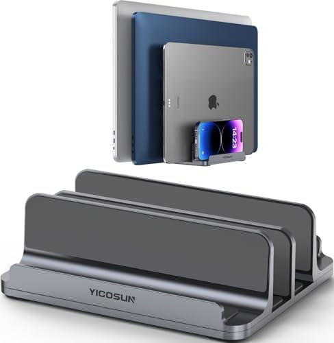 YICOSUN 4-Slot Aluminum Vertical Laptop Stand for Desk - Adjustable Width Dock for MacBook, Surface, Samsung, HP, Dell up to 17.3 inches - Space-Saving & Protective Design - Gray by DeliveringDesktopFashion