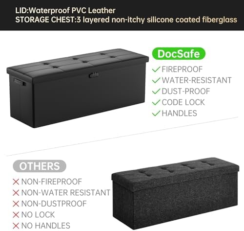 DocSafe Storage Ottoman Bench,Fireproof＆Waterproof Folding Bench with Lock(15”x 43”x15”),Leather Storage Chest with Handles＆2 Extra Boxes,Ottoman Safe for Bedroom,Living Room,Home Office,Black - Image 5