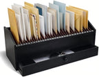 Wood Desktop Organizer with Drawer, 17 Inch 32 Section Bill & Mail & File Organizer Storage for Office Desk, Desktop Mail Holder and Office Supplies Storage, Letter and Paper Sorter(Black) by Unknown