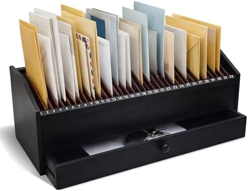 Wood Desktop Organizer with Drawer, 17 Inch 32 Section Bill & Mail & File Organizer Storage for Office Desk, Desktop Mail Holder and Office Supplies Storage, Letter and Paper Sorter(Black) by Unknown