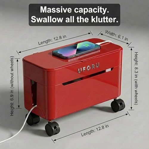 2-Tier Rolling Cable Management Box with Wheels (Large) – Mobile Power Strip Hider & Cord Organizer – Under Desk Wire Concealer & Charging Station Organizer – Baby & Pet Proof Safety (Retro Red) - Image 3
