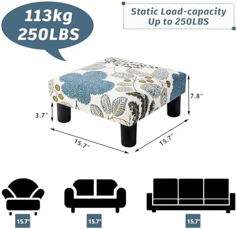 Joveco Small Foot Rest Stool Ottoman, Square Upholstered Fabric Footstool for Couch, Under Desk, Office, Living Room, Blue Floral - Image 2