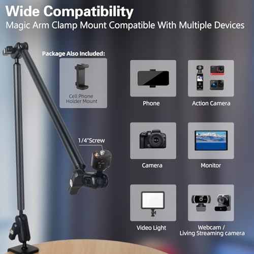 Desktop Clamp Magic Arm 33.84" Kit for Phone,DSRL Two-Stage Adjustable Flexible Arm, Overhead Camera Mount, Desk Phone Mount for Webcam, Action Camera, Mic,Video Light - Image 5