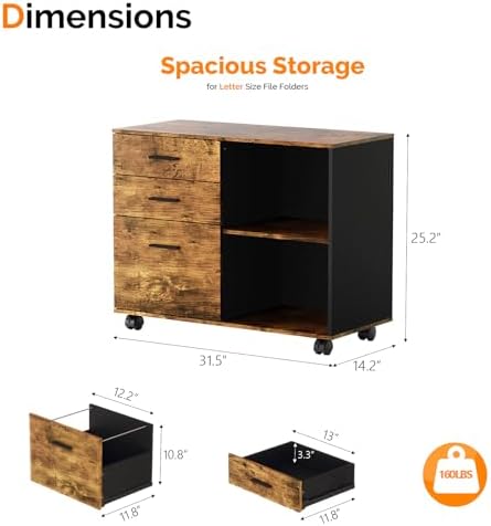 VINGLI 3 Drawer Wood Lateral File Cabinet with Adjustable Shelves & Locking Wheels, Printer Stand with Drawers for Letter, Sturdy Black File Cabinets for Home Office, Study & Business, Rustic Brown - Image 3