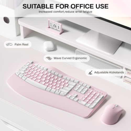 Wireless Keyboard and Mouse Combo,2.4G Ergonomic Wave Keys(Pink-A) - Image 3